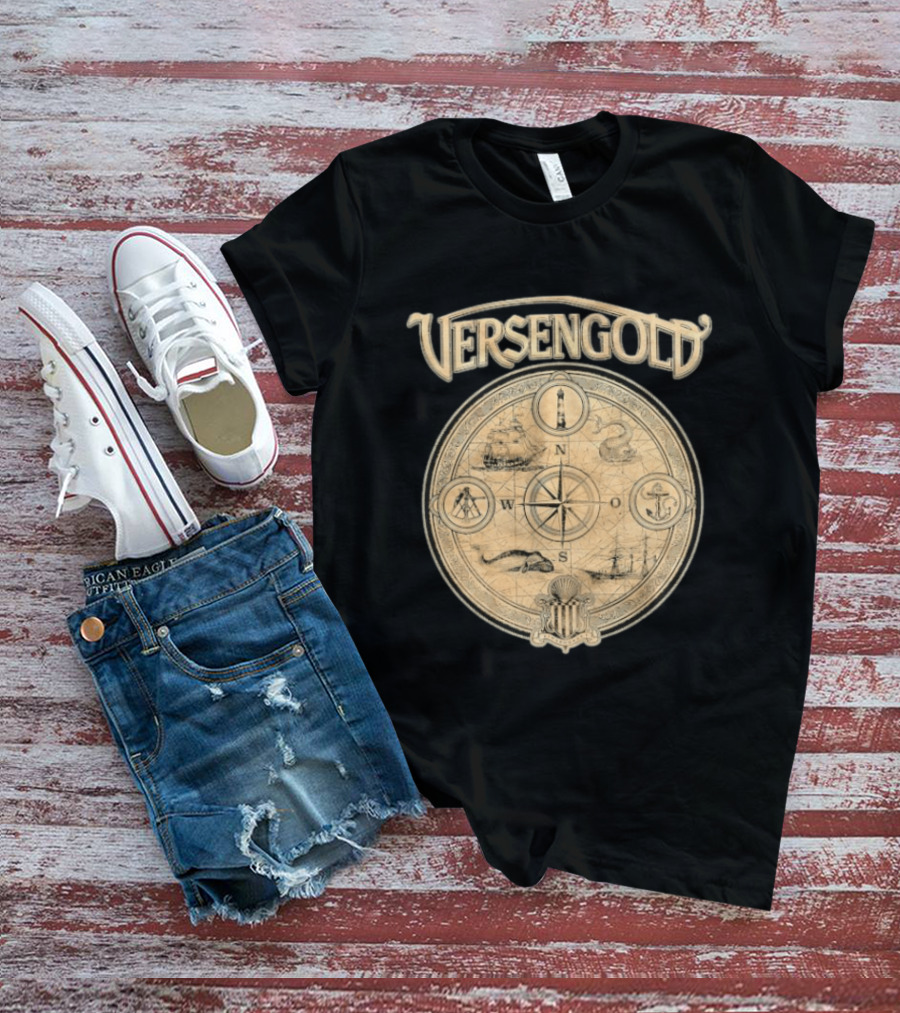 Versengold Nautical Compass Map With Ship Whale Anchor Lighthouse Chart T-Shirt