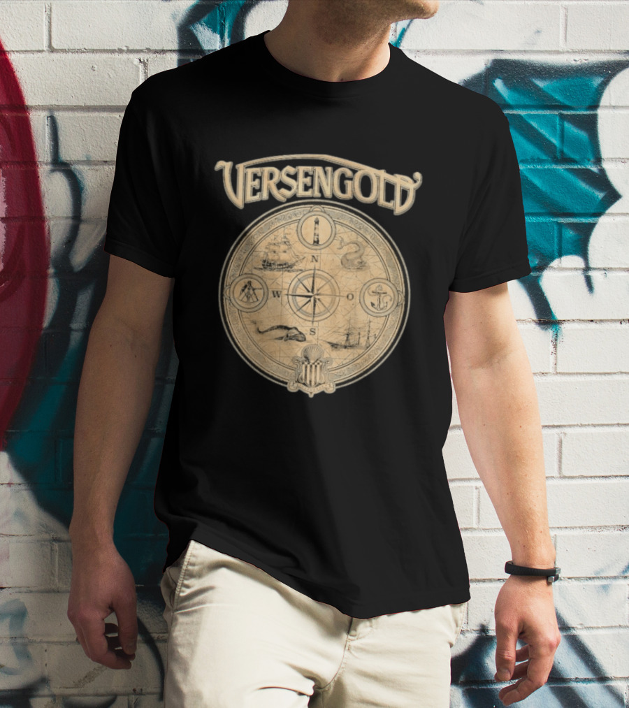 Versengold Nautical Compass Map With Ship Whale Anchor Lighthouse Chart T-Shirt