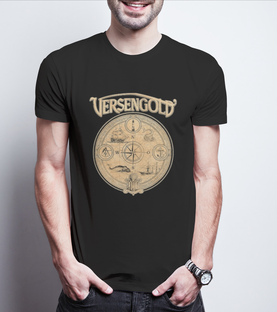 Versengold Nautical Compass Map With Ship Whale Anchor Lighthouse Chart T-Shirt
