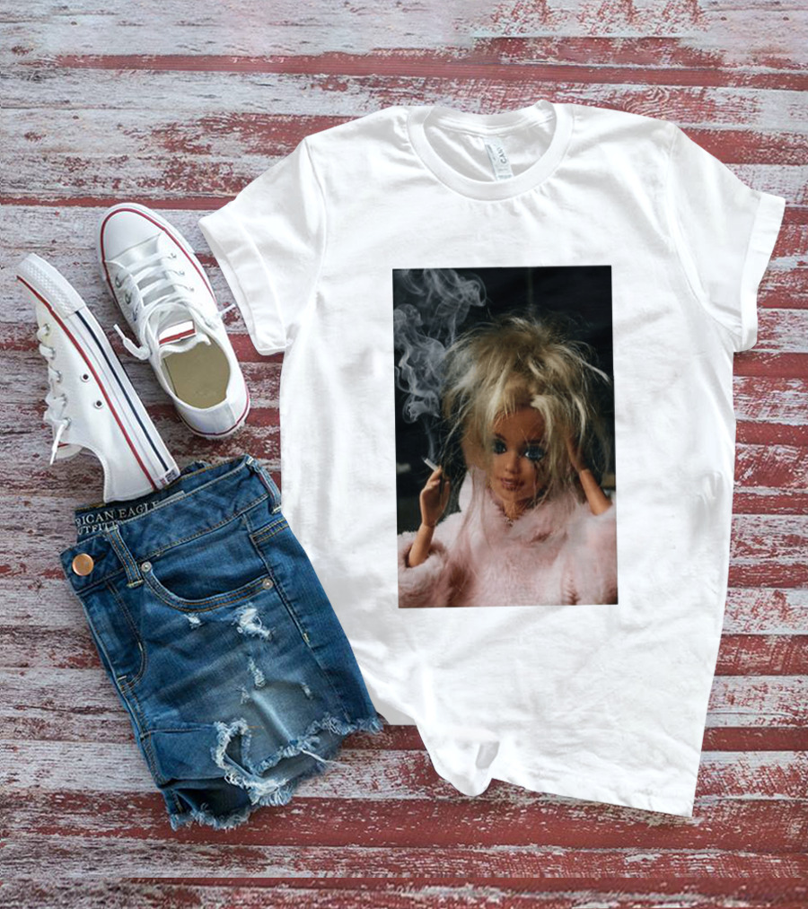 Cigarette Smoking Barbie Doll In Pink Fur Coat T-Shirt