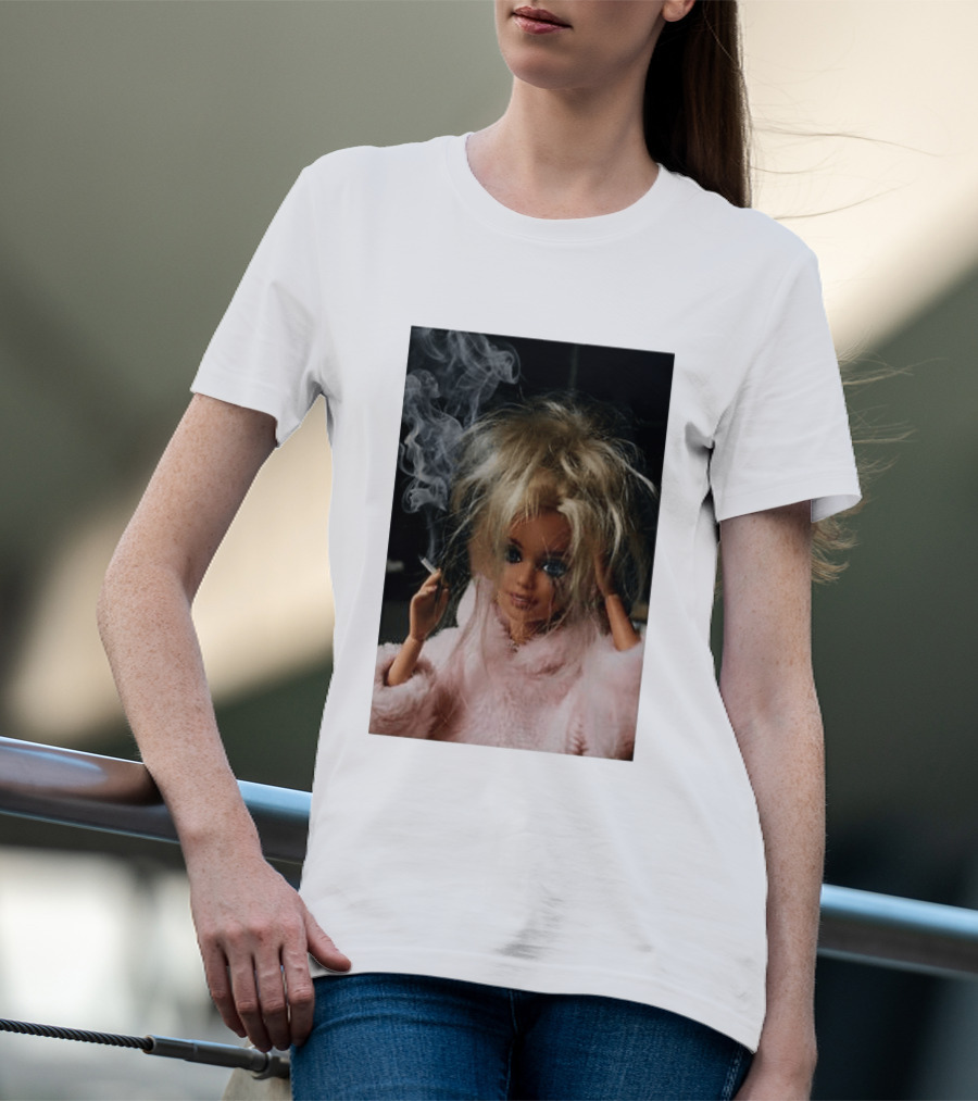Cigarette Smoking Barbie Doll In Pink Fur Coat T-Shirt