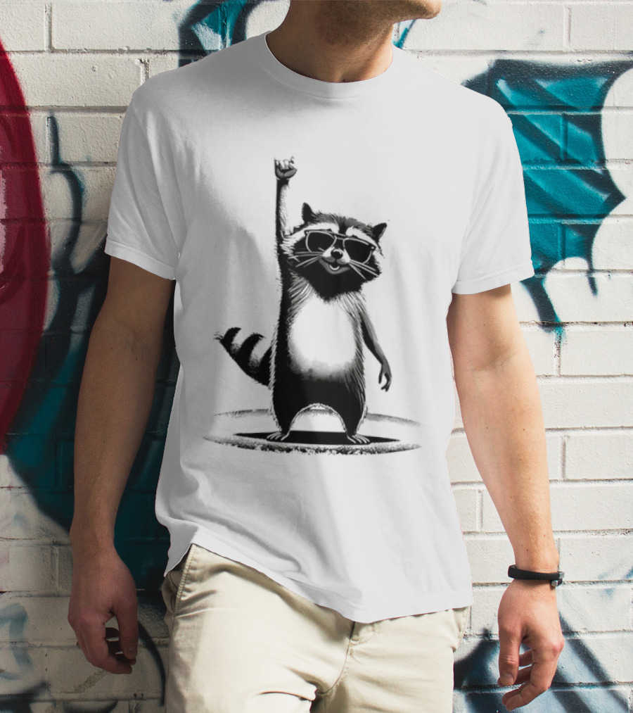 Raccoon Rock Music Animal Silhouette Jazz Hands Pose T-Shirt