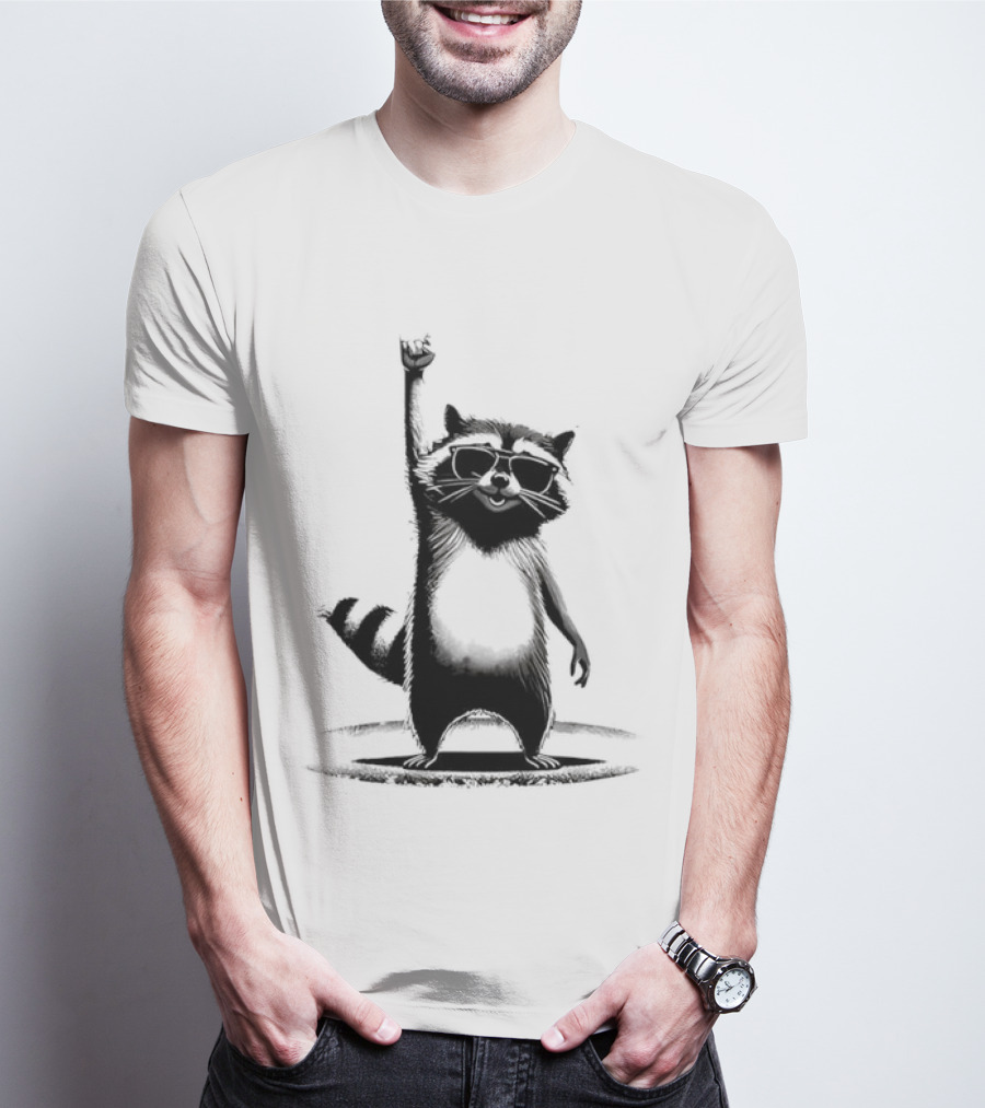 Raccoon Rock Music Animal Silhouette Jazz Hands Pose T-Shirt