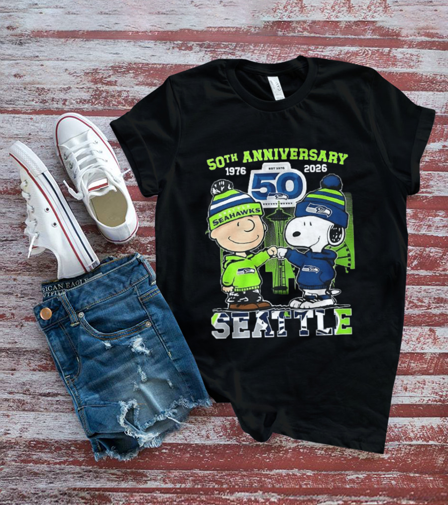 Seattle Seahawks 50th Anniversary 1976 2026 Charlie Brown Snoopy T-Shirt