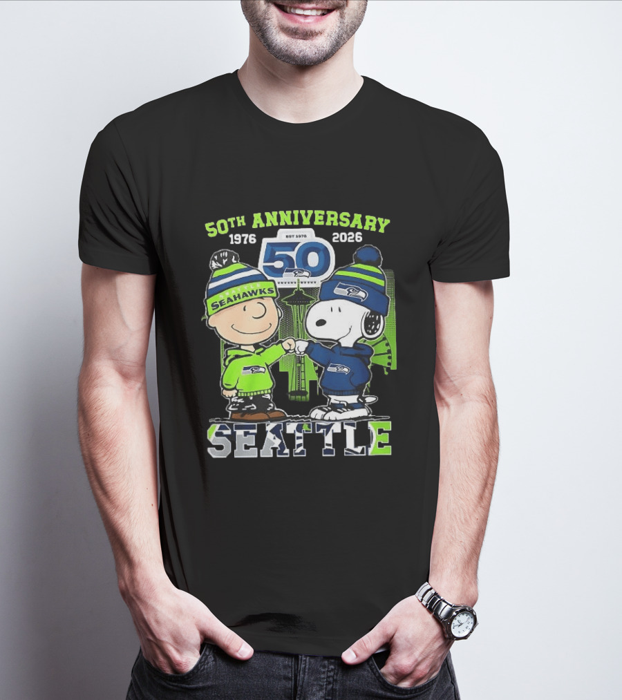 Seattle Seahawks 50th Anniversary 1976 2026 Charlie Brown Snoopy T-Shirt