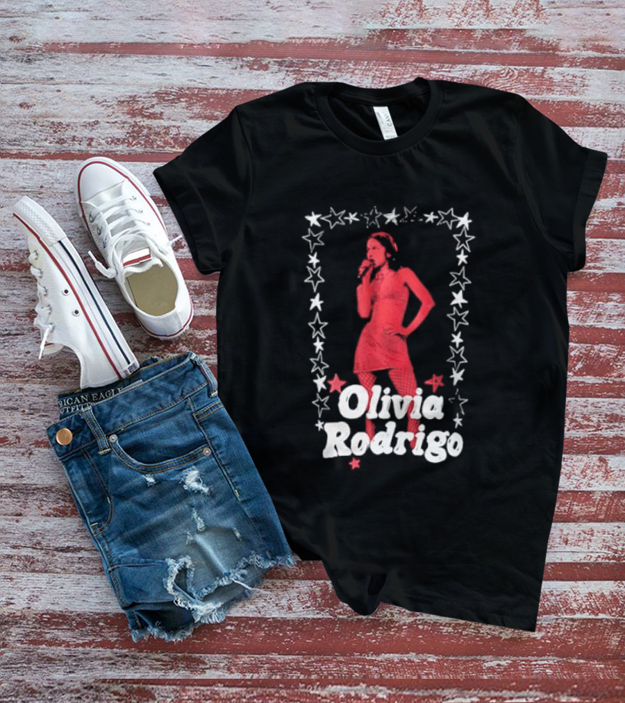 Olivia Rodrigo Star Pose Framed With Vibrant Red Highlights T-Shirt