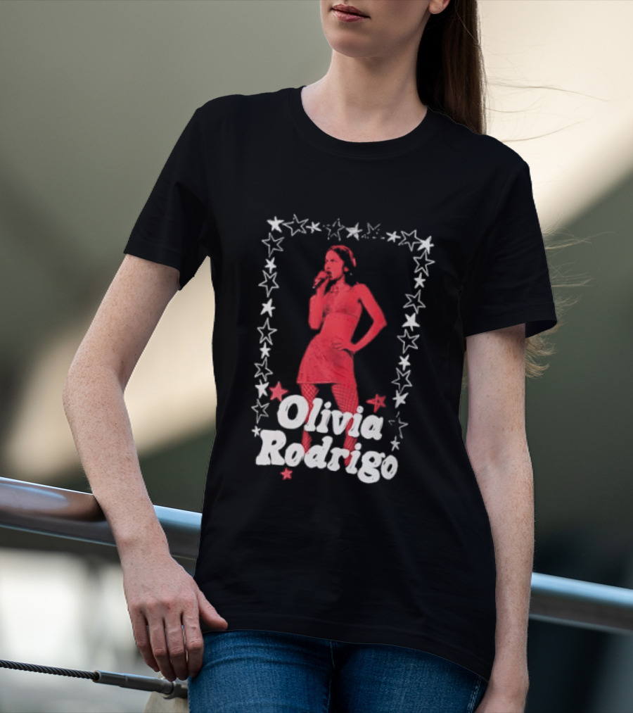 Olivia Rodrigo Star Pose Framed With Vibrant Red Highlights T-Shirt