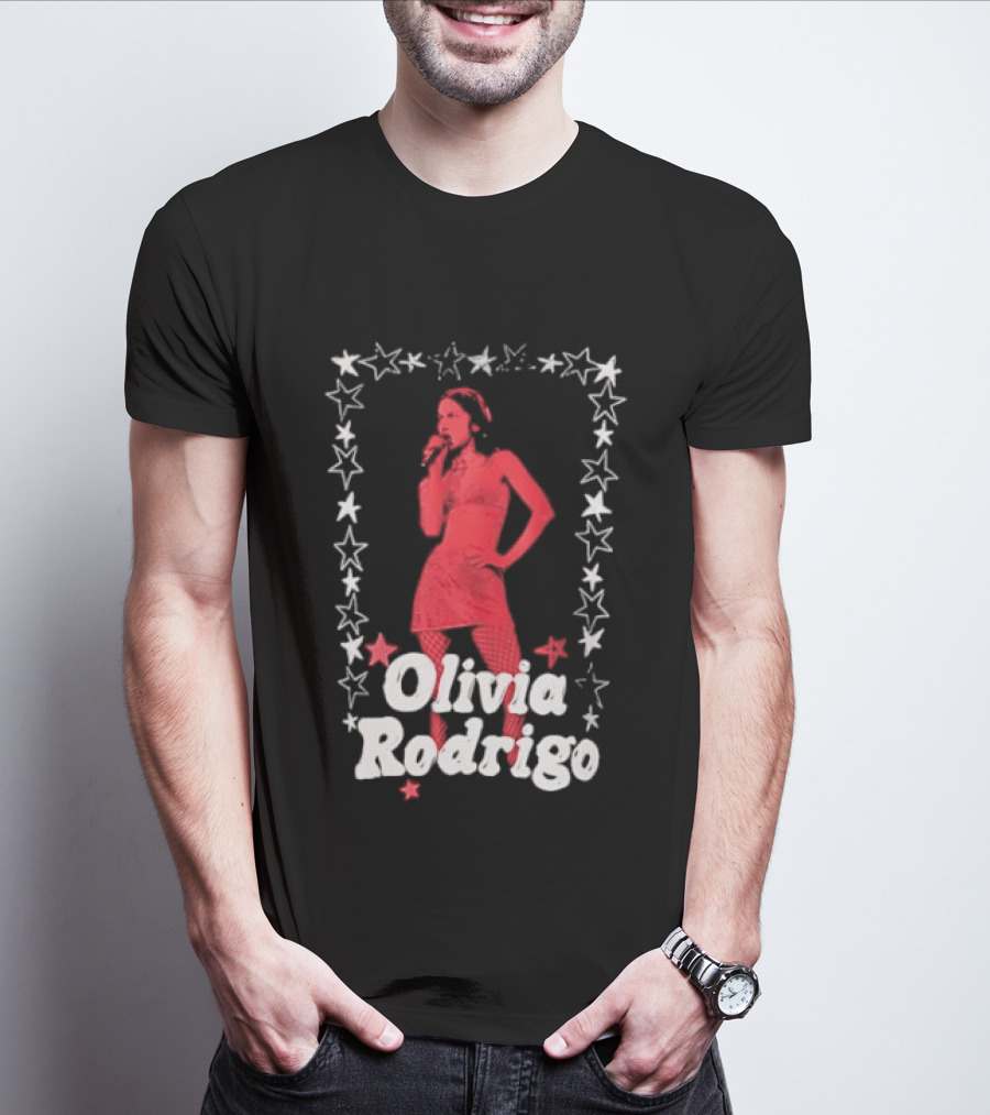 Olivia Rodrigo Star Pose Framed With Vibrant Red Highlights T-Shirt