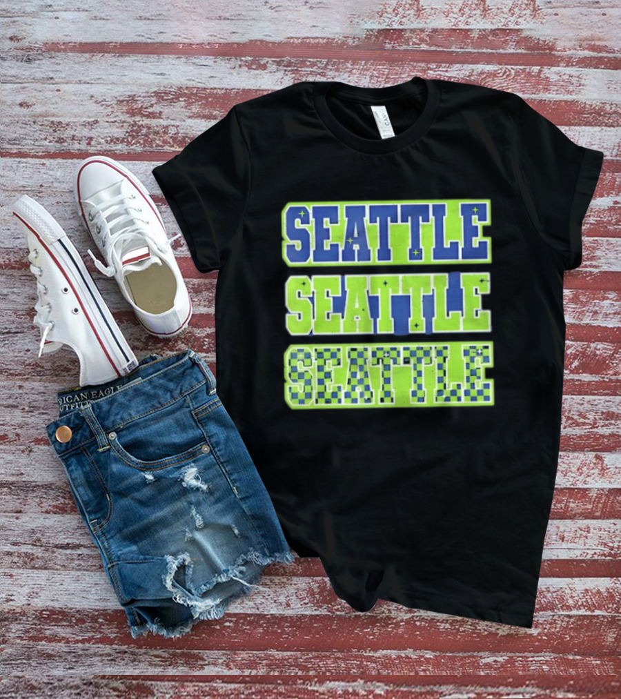 Seattle Blue Green Stars Checkerboard T-Shirt