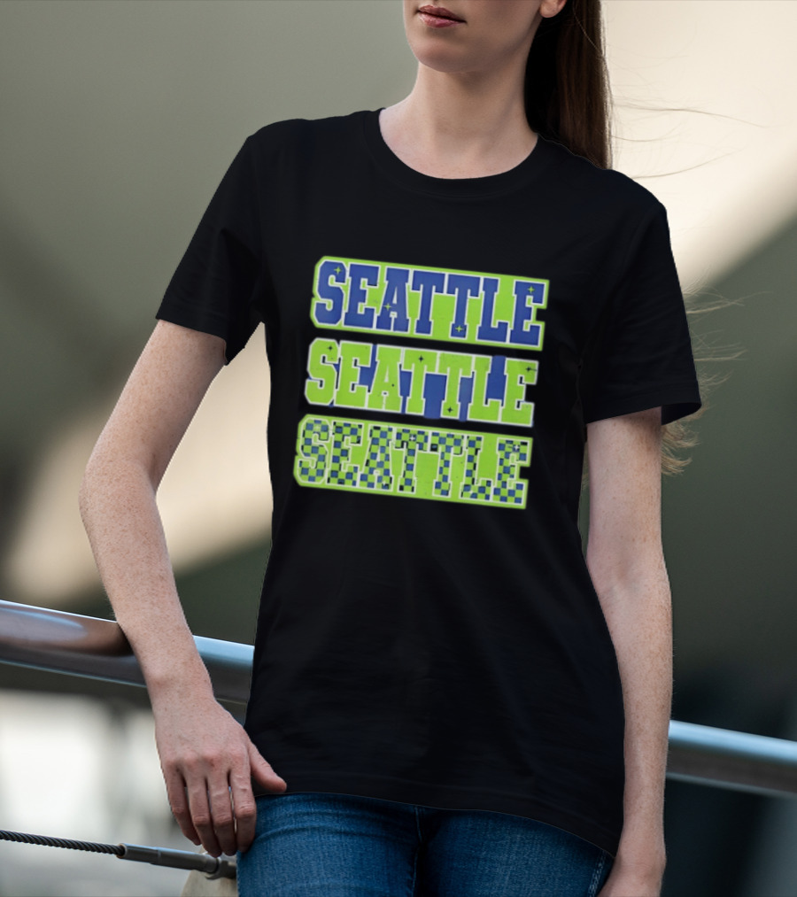 Seattle Blue Green Stars Checkerboard T-Shirt