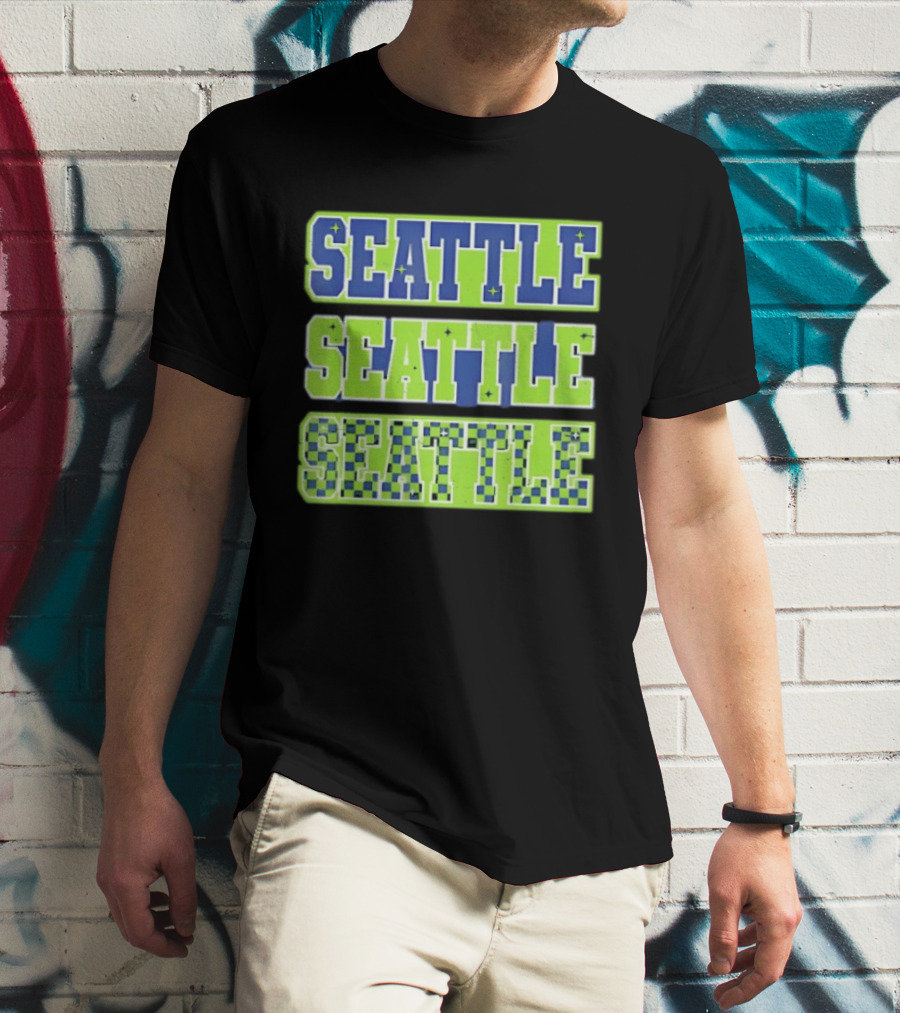 Seattle Blue Green Stars Checkerboard T-Shirt