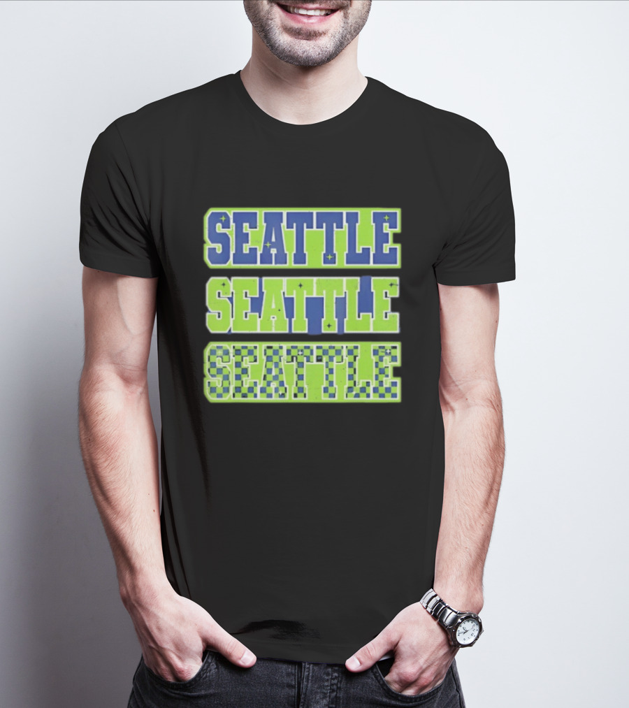 Seattle Blue Green Stars Checkerboard T-Shirt