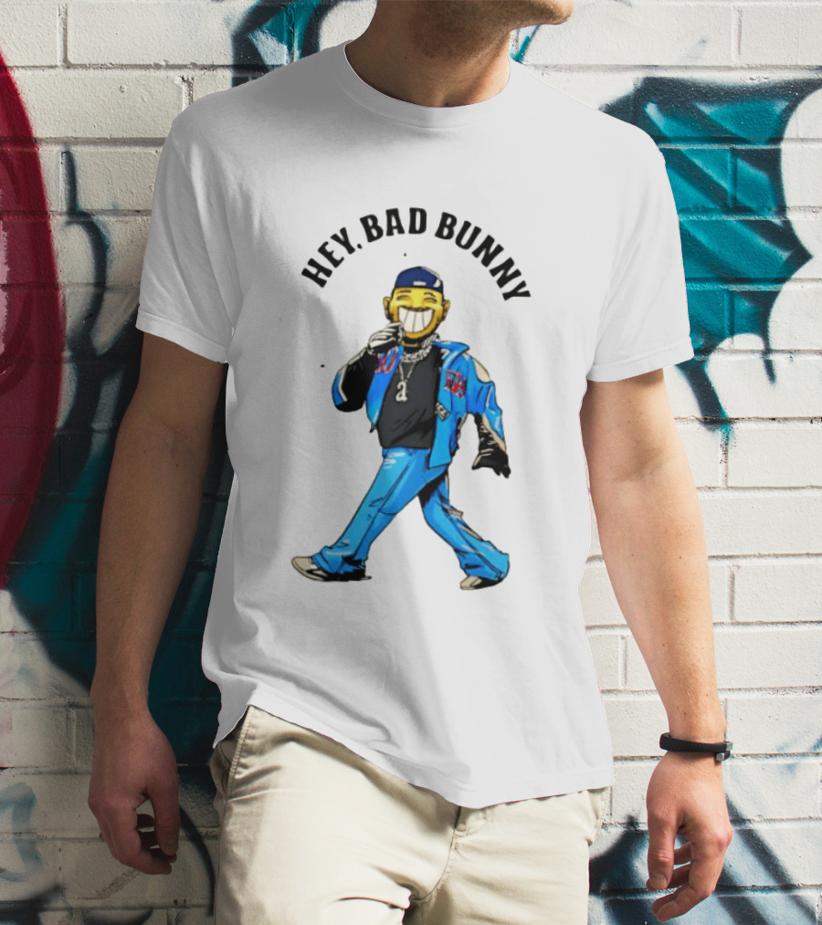 HEY BAD BUNNY Blue Jacket Character Black Outfit Chains T-Shirt