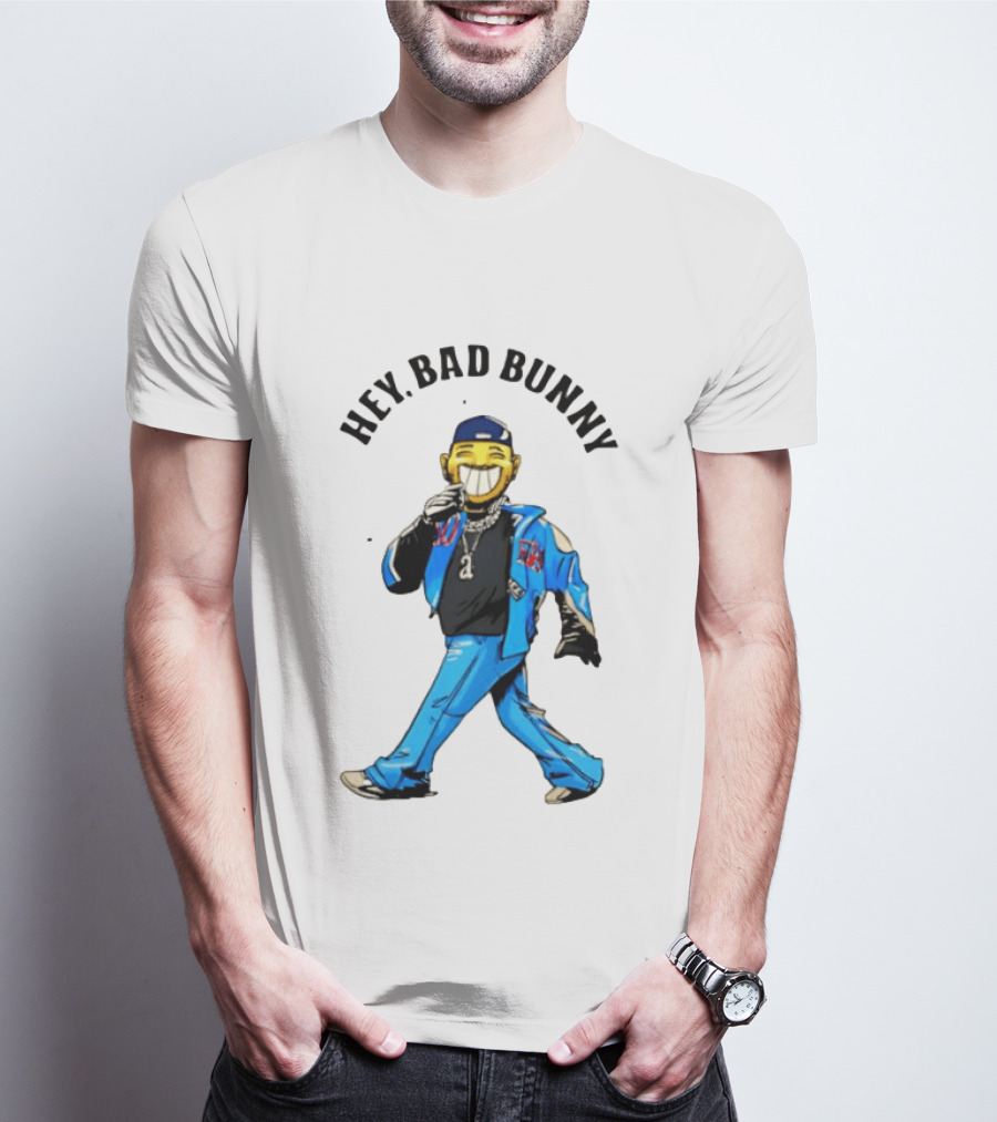 HEY BAD BUNNY Blue Jacket Character Black Outfit Chains T-Shirt