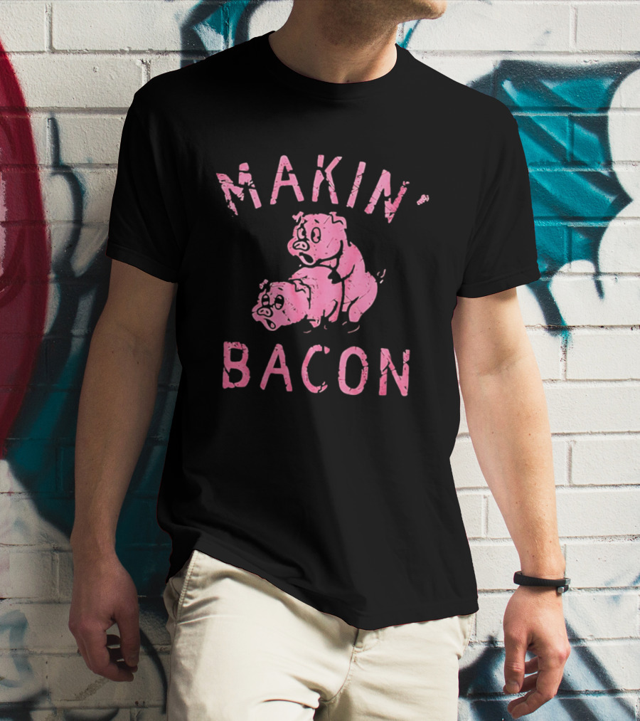 Makin Bacon Pigs Humorous Retro Graphic Pink T-Shirt