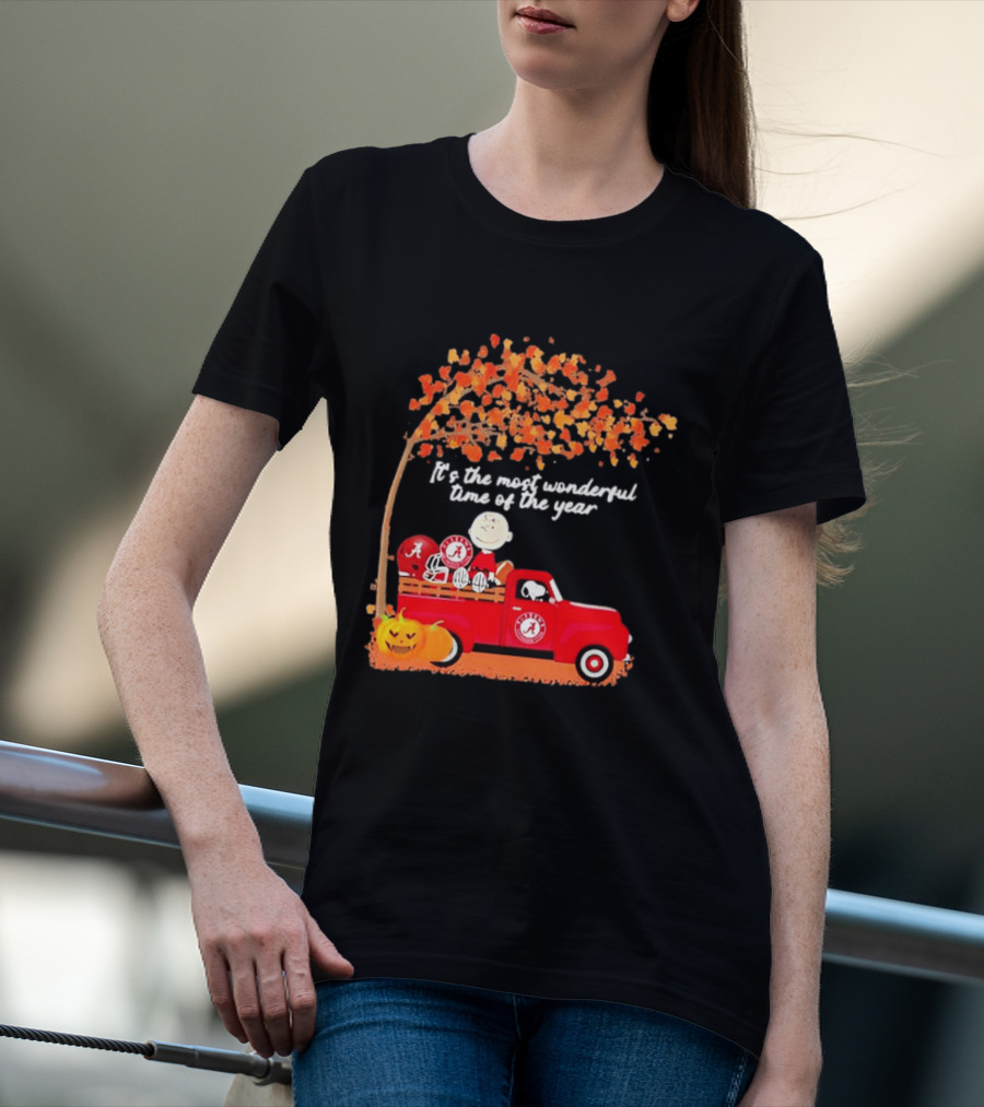Peanuts Characters Alabama Crimson Tide Pickup Truck Fall Scene T-Shirt