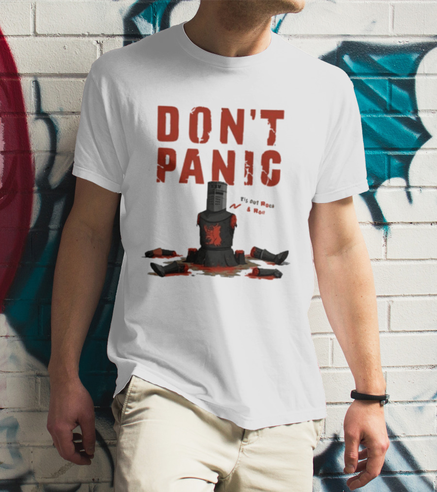 Don't Panic Monty Python Black Knight Sitting In Limbs T-Shirt