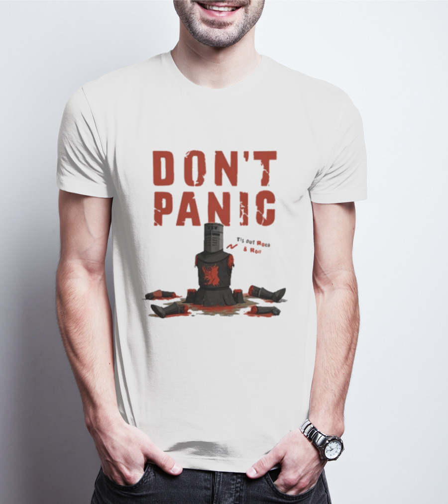 Don't Panic Monty Python Black Knight Sitting In Limbs T-Shirt
