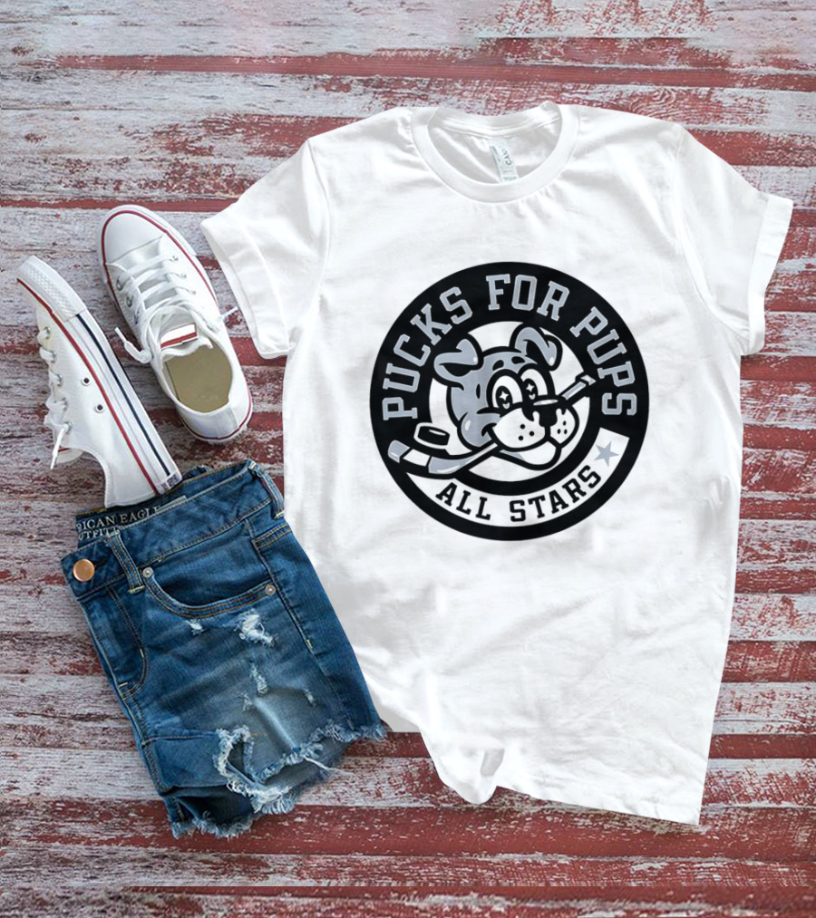 Pucks For Pups All Stars Hockey Dog With Hockey Stick T-Shirt