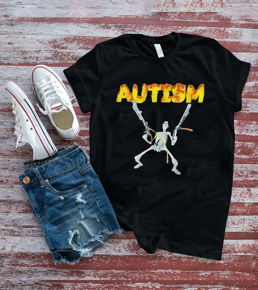 Autism Skeleton With Swords And Fire Letters T-Shirt