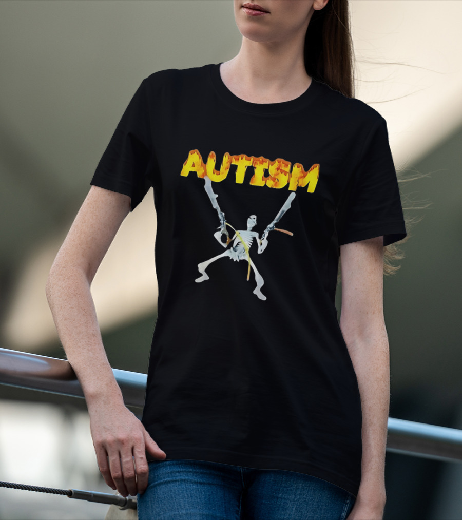 Autism Skeleton With Swords And Fire Letters T-Shirt