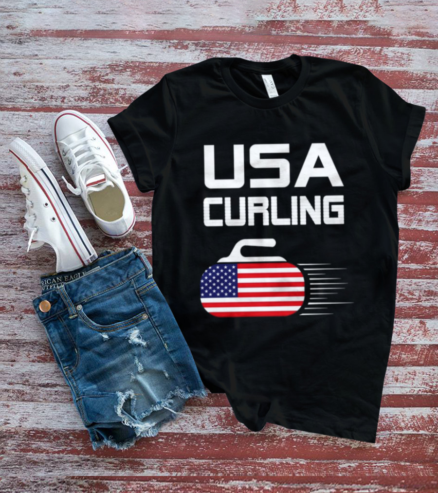 USA Curling American Flag Stone T-Shirt