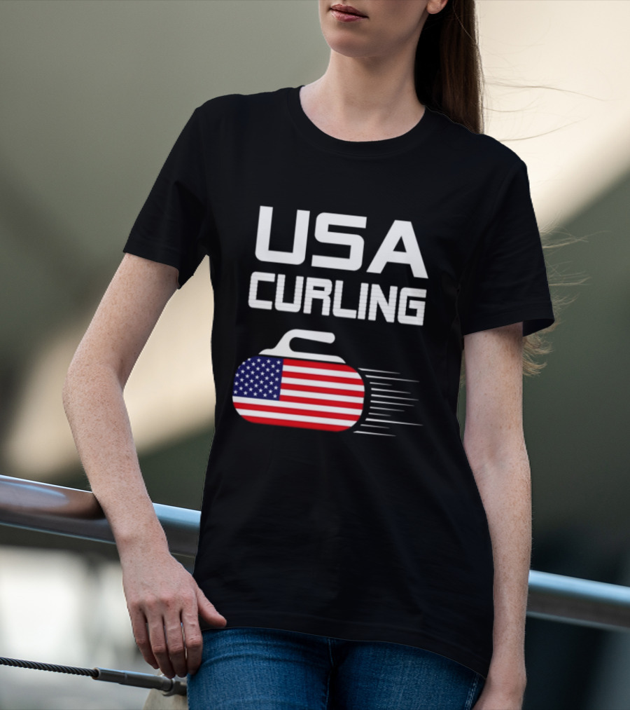 USA Curling American Flag Stone T-Shirt