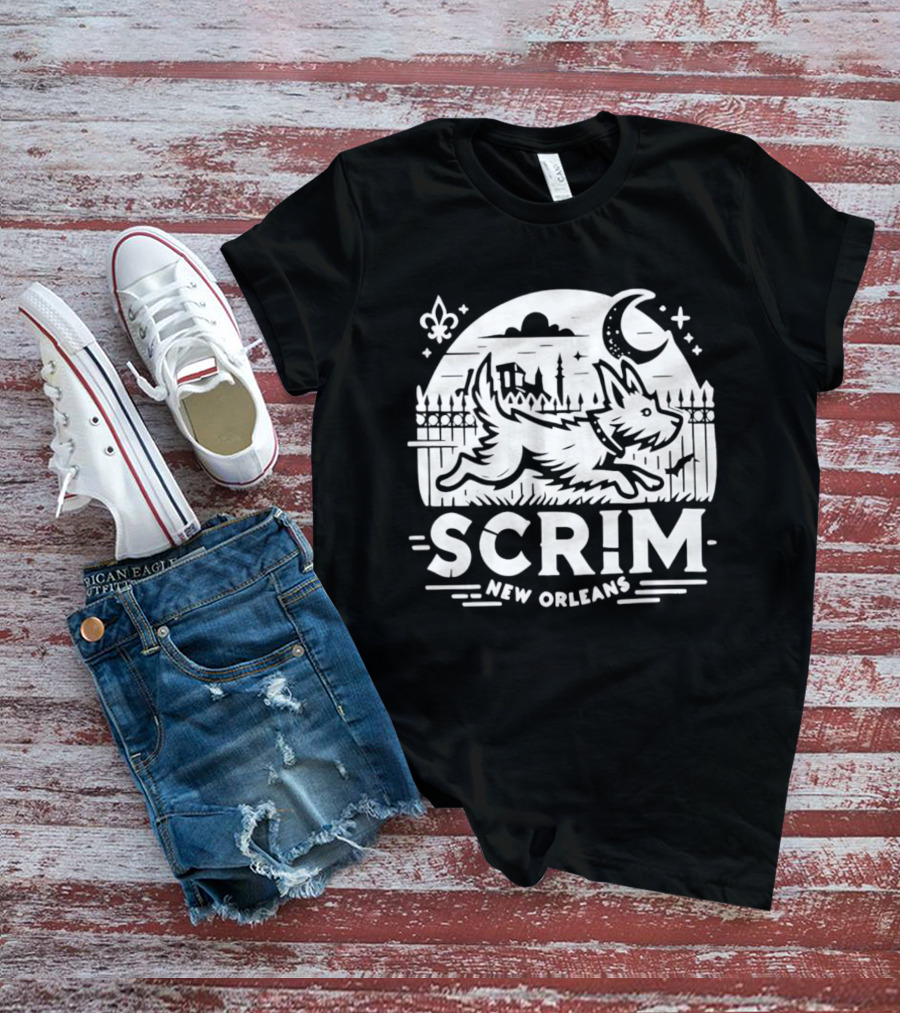 New Orleans Scrim Houdini Hound Live Free Or Bark Trying Moonlit Skyline T-Shirt