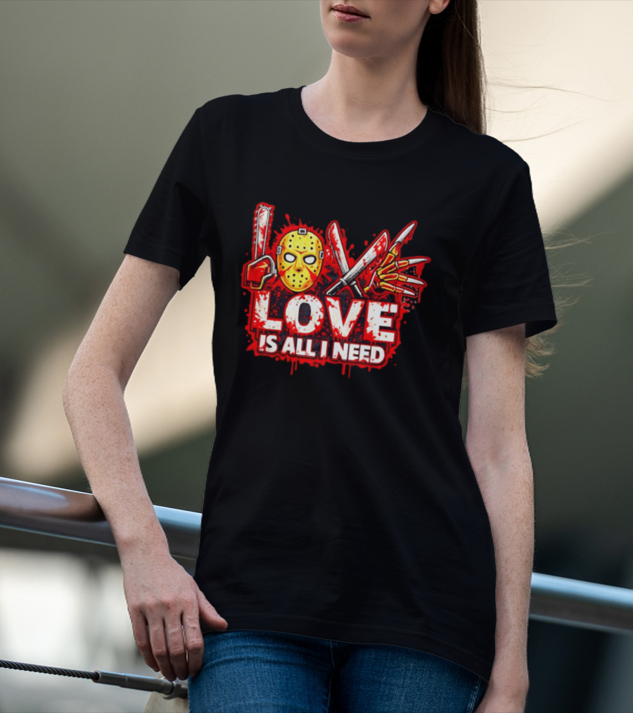 Horror Love Is All I Need Valentine Halloween Mask Knife Claw T-Shirt