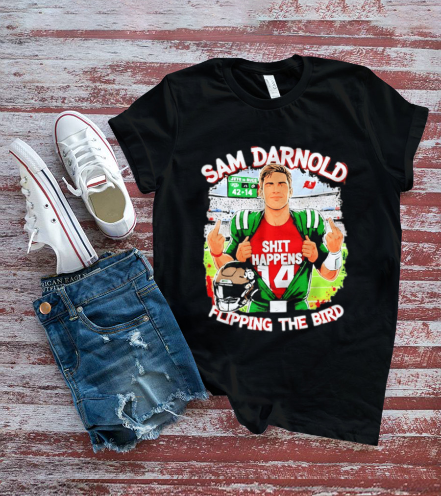 Sam Darnold Shit Happens 14 Flipping The Bird Stadium 42 14 T-Shirt