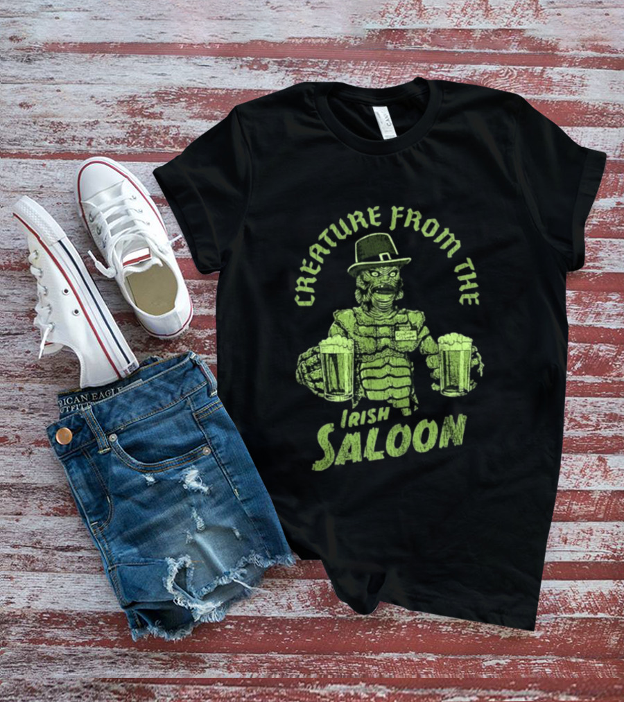 St Patrick's Day Creature From The Irish Saloon Beers Monster In Hat And Name Tag Holding Two Pints T-Shirt