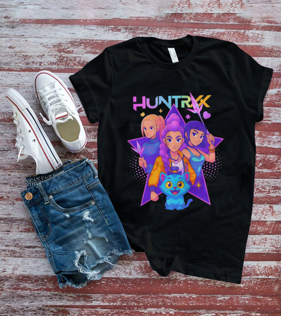Huntrx Anime All Characters Vibrant Magical Trio And Blue Cat With Crystal Stars T-Shirt