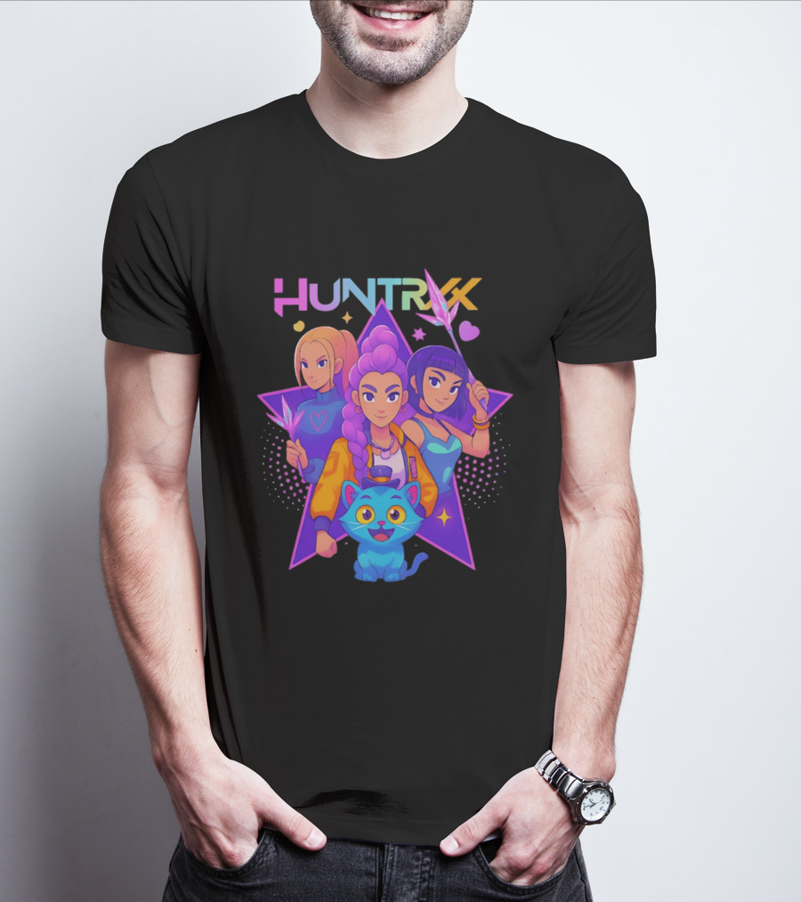 Huntrx Anime All Characters Vibrant Magical Trio And Blue Cat With Crystal Stars T-Shirt
