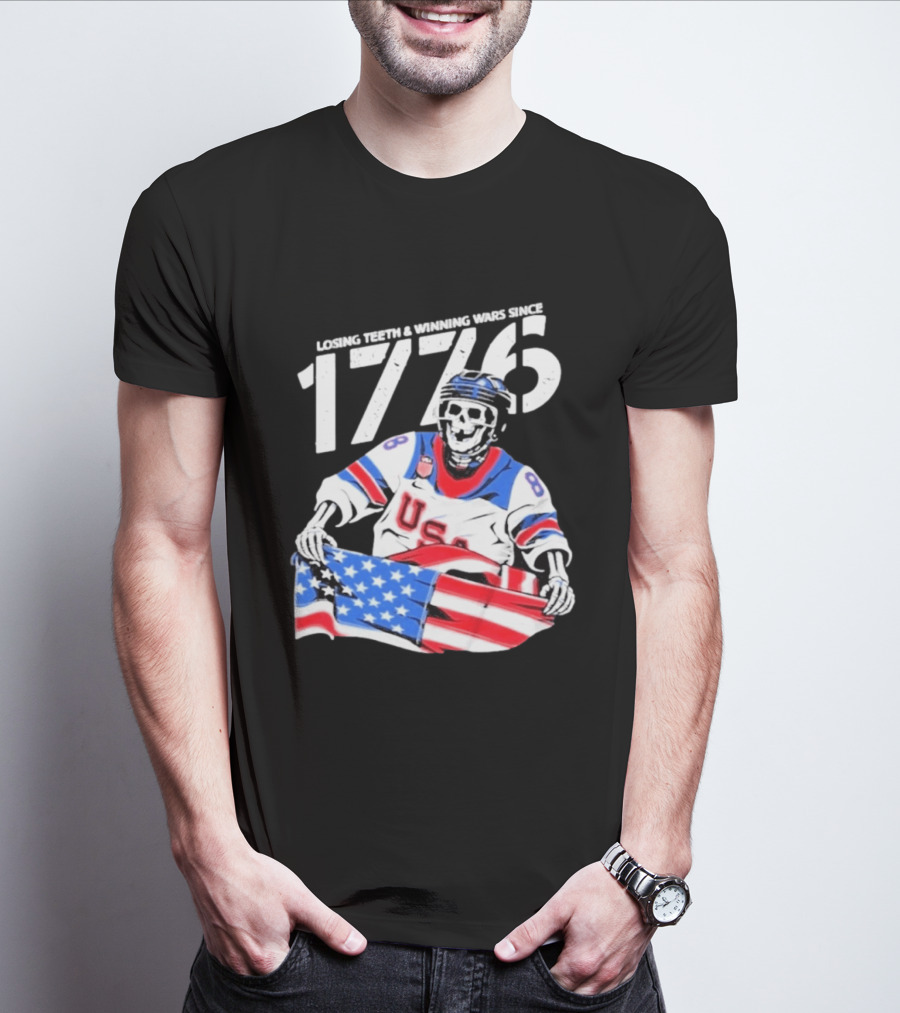 Losing Teeth Winning Wars Since 1776 USA Hockey Skeleton American Flag T-Shirt