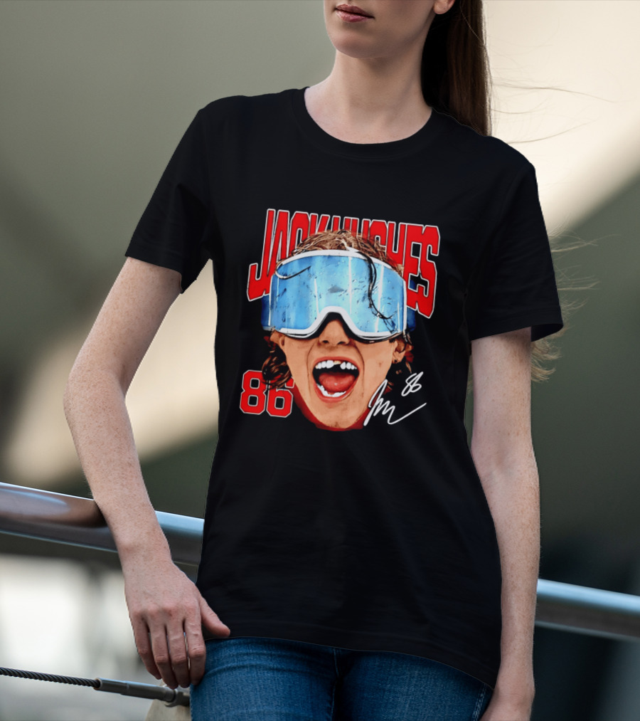Jack Hughes New Jersey Devils 86 Goggles Signature T-Shirt