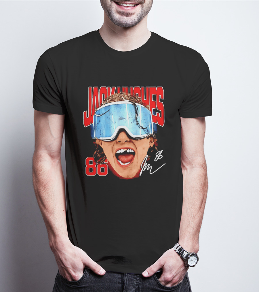 Jack Hughes New Jersey Devils 86 Goggles Signature T-Shirt