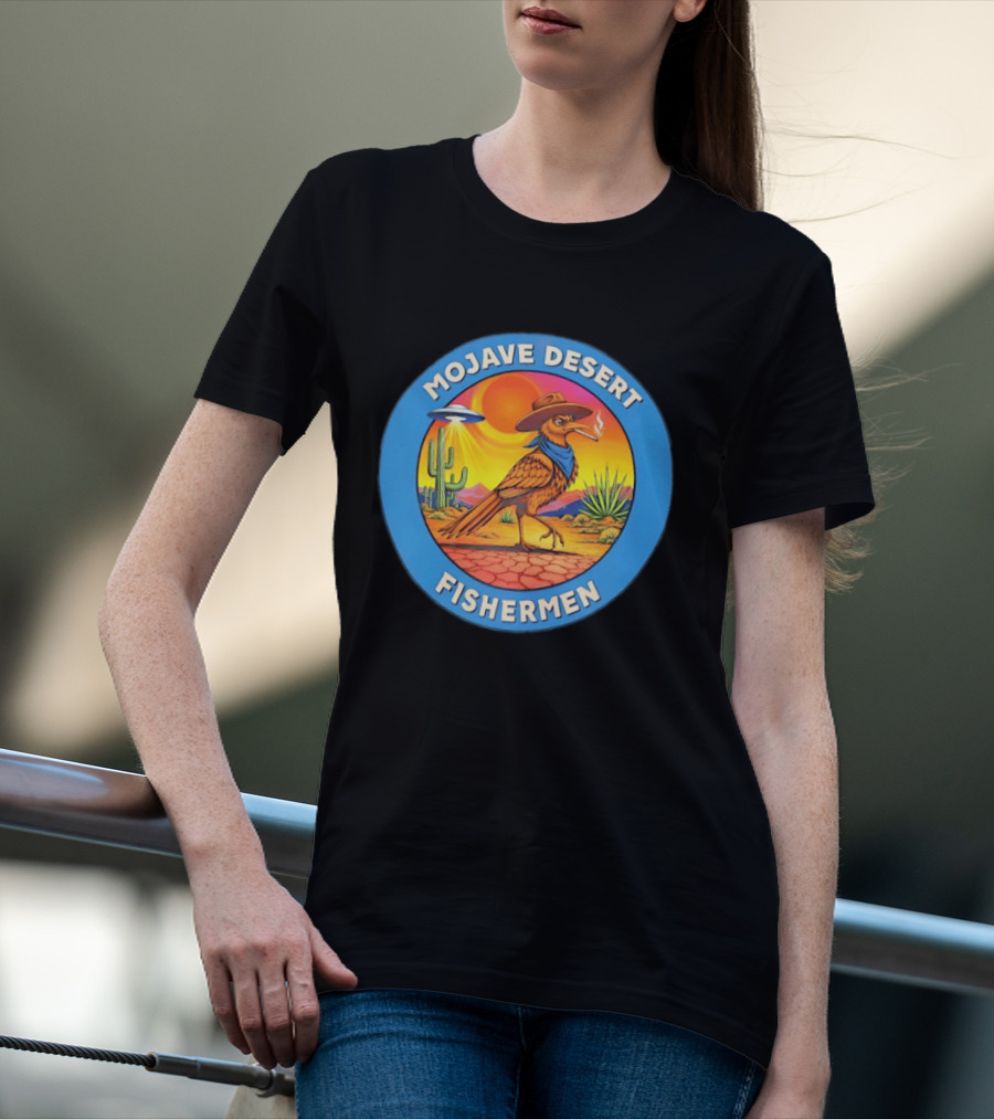 Mojave Desert Fishermen UFO Roadrunner Cowboy Sunset Cactus Circle T-Shirt