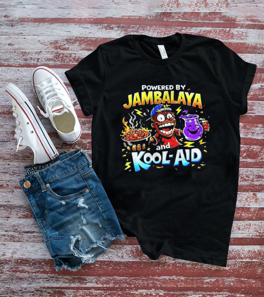 Powered By Jambalaya And Kool Aid Bold Colors Cartoon Character Fun T-Shirt