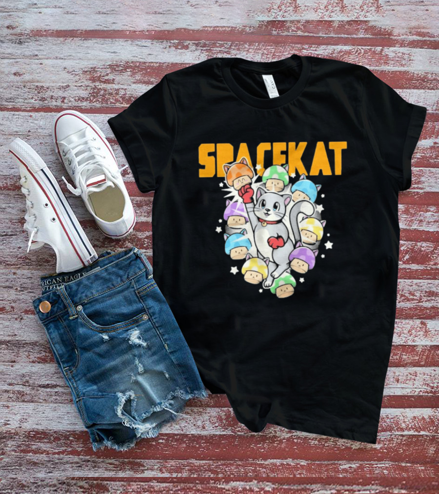 Spacekat Cat Surrounded By Colorful Mushroom Characters T-Shirt