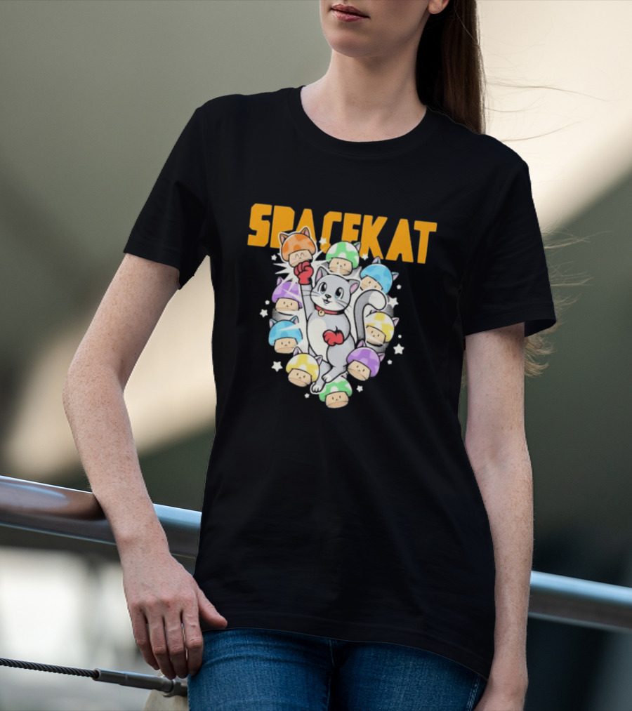 Spacekat Cat Surrounded By Colorful Mushroom Characters T-Shirt