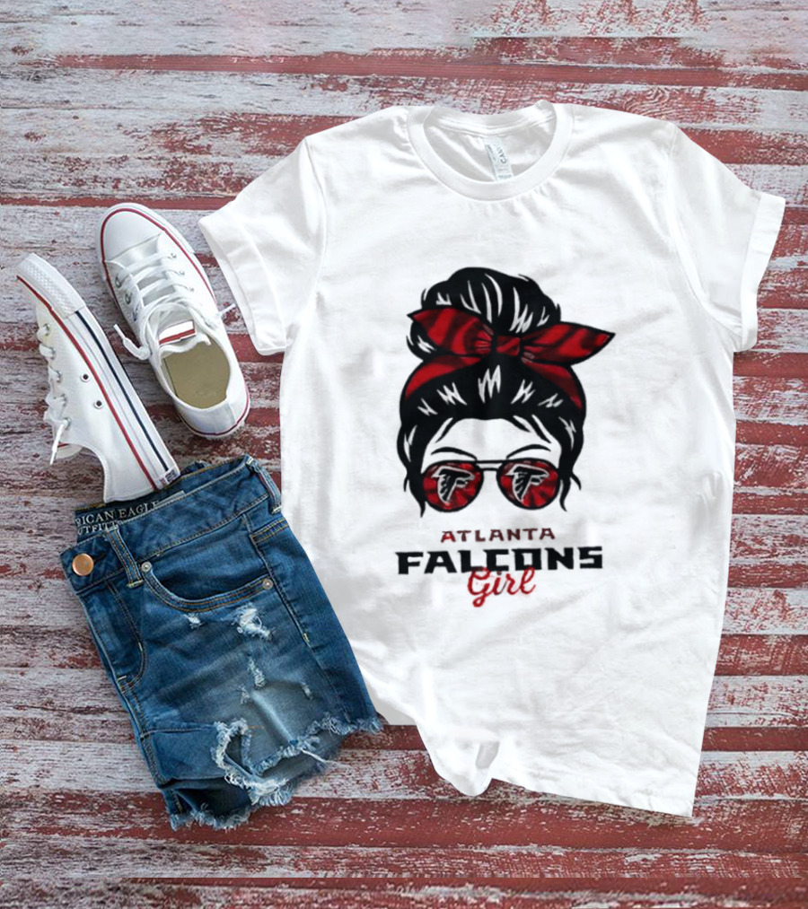 Atlanta Falcons Girl Messy Bun 2026 Bow Sunglasses T-Shirt