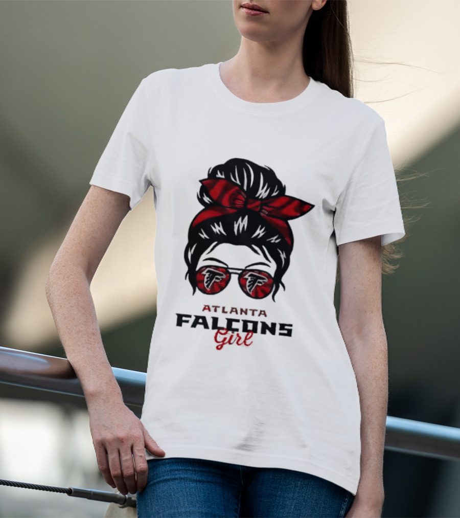 Atlanta Falcons Girl Messy Bun 2026 Bow Sunglasses T-Shirt