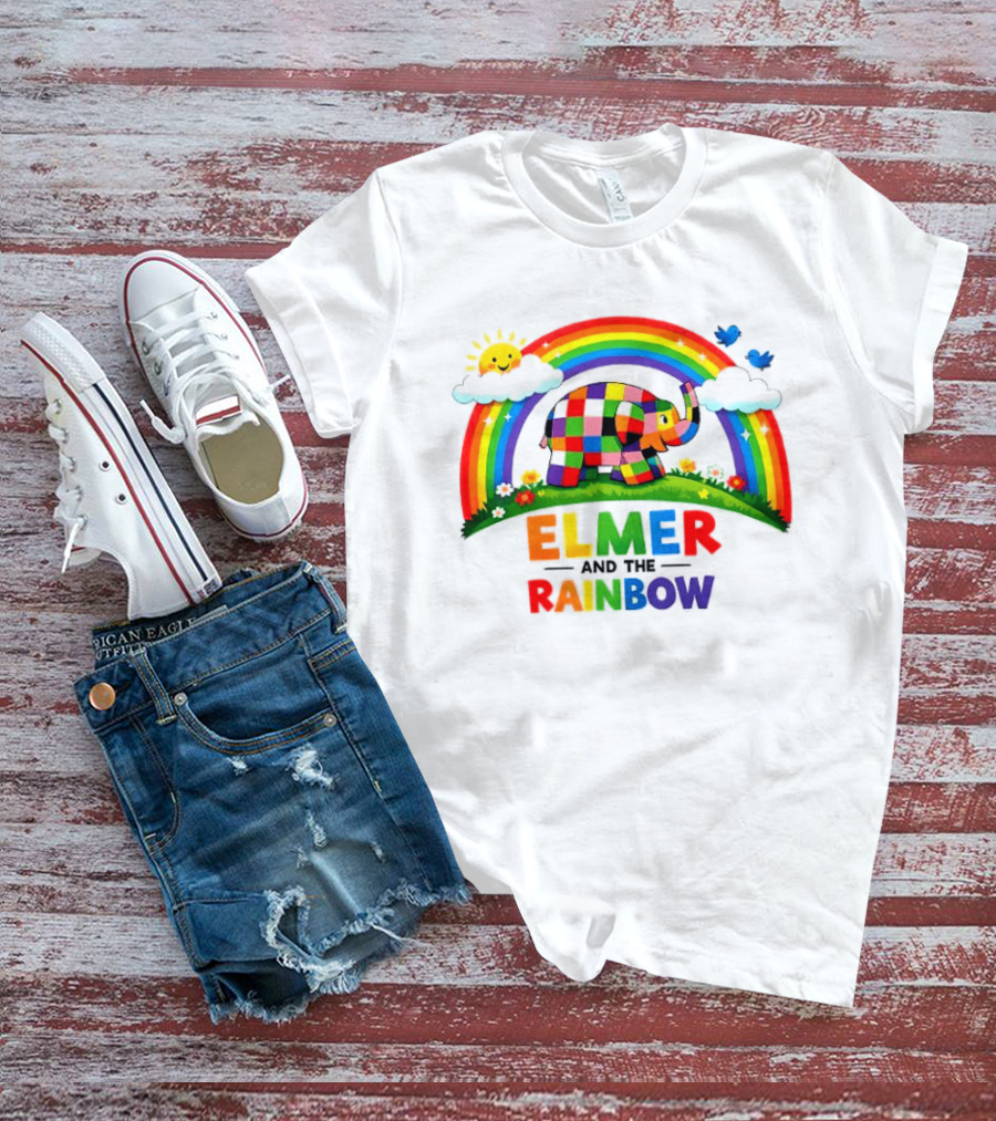 Elmer And The Rainbow Colorful Elephant With Sun And Birds T-Shirt