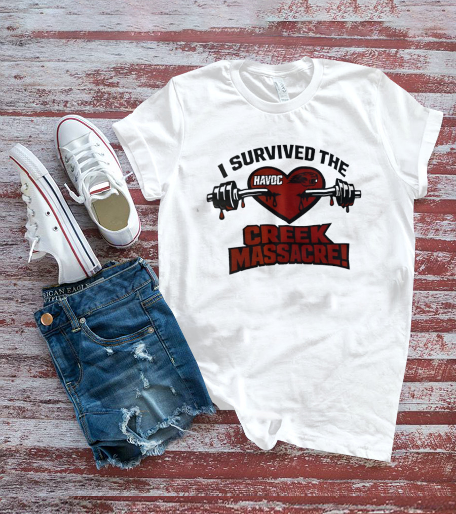 I Survived The Havoc Creek Massacre Heart Barbell Blood Gym Horror T-Shirt