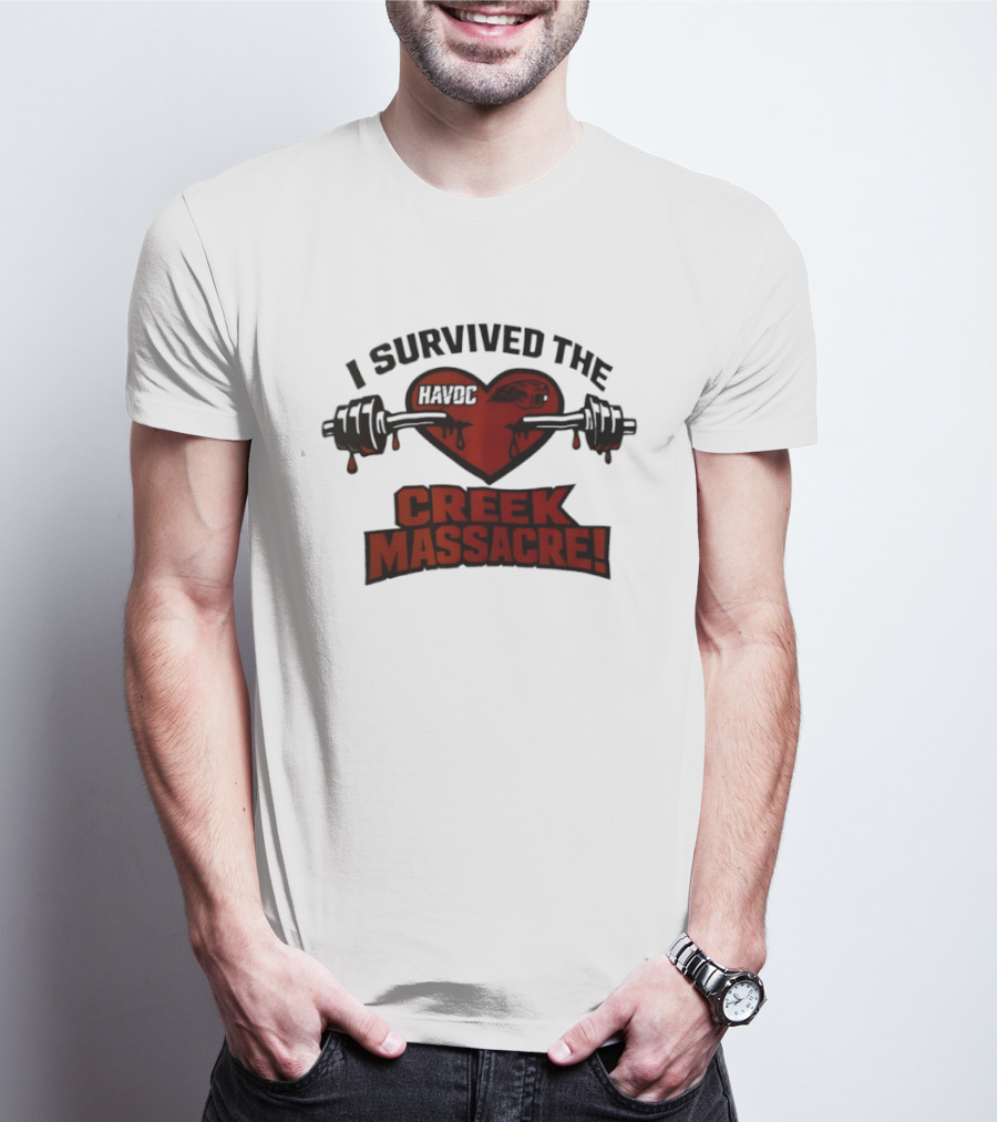 I Survived The Havoc Creek Massacre Heart Barbell Blood Gym Horror T-Shirt