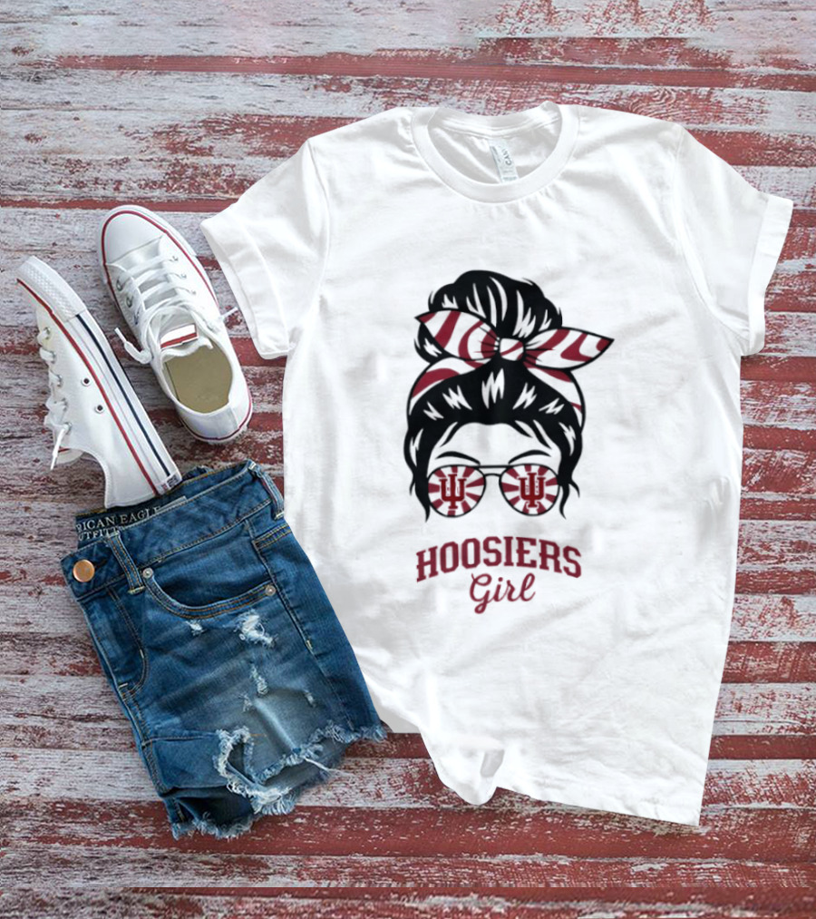 Indiana Hoosiers Girl Messy Bun Sunglasses T-Shirt