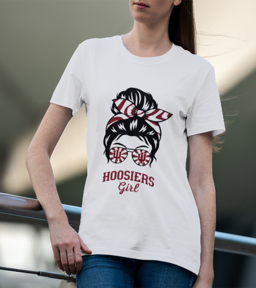 Indiana Hoosiers Girl Messy Bun Sunglasses T-Shirt