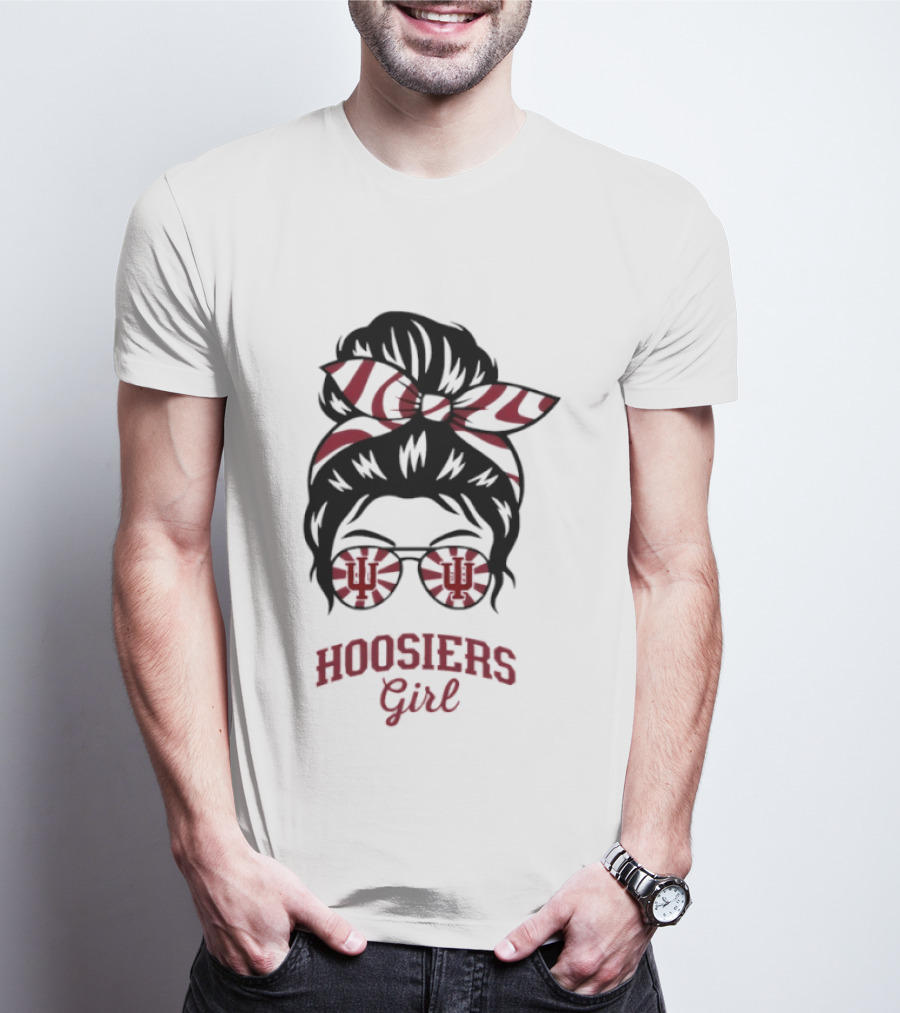 Indiana Hoosiers Girl Messy Bun Sunglasses T-Shirt