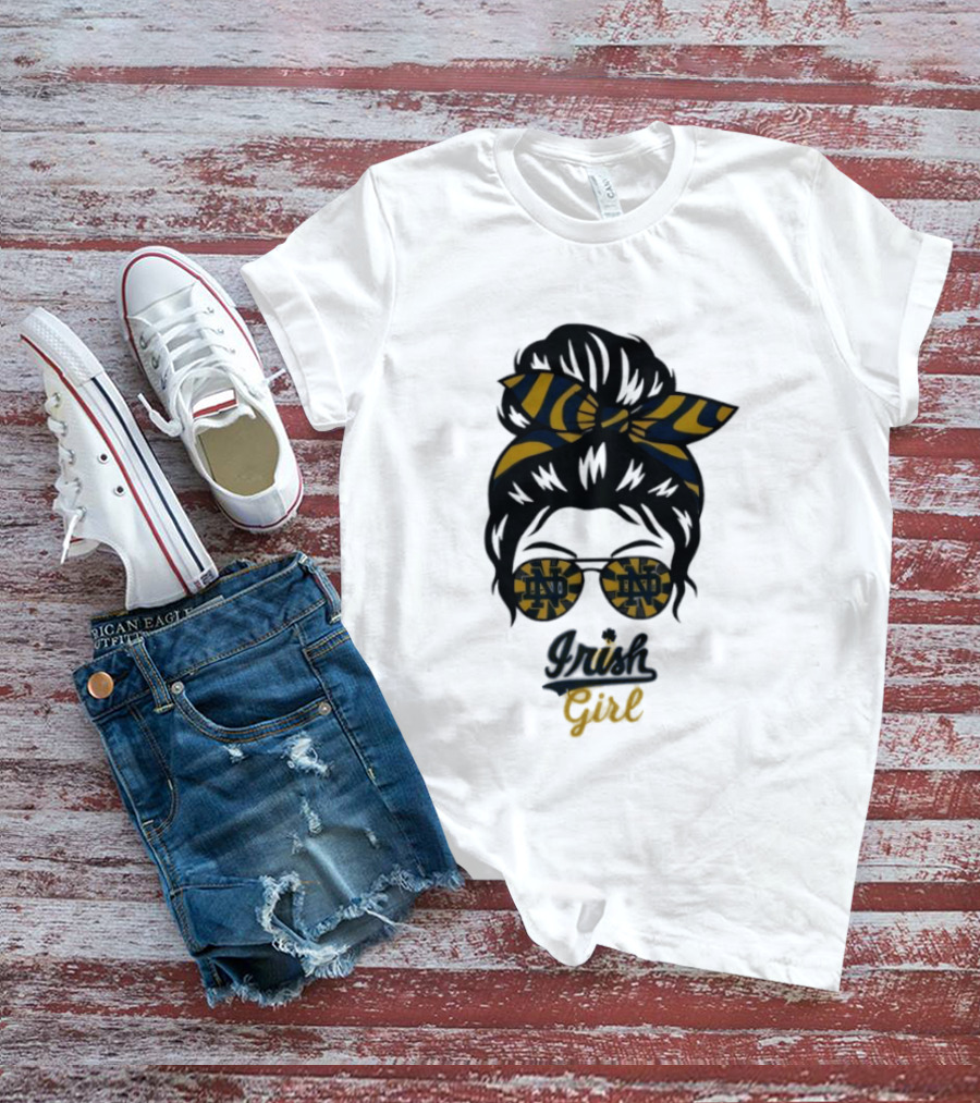 Notre Dame Irish Girl Messy Bun ND Glasses Bow T-Shirt