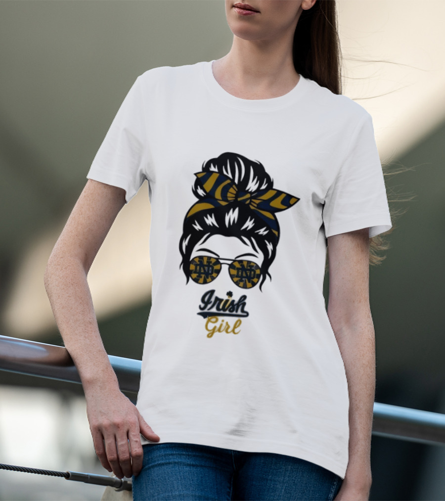 Notre Dame Irish Girl Messy Bun ND Glasses Bow T-Shirt